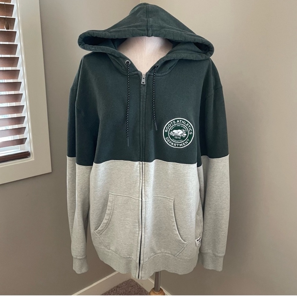 ROOTS Athletic Department Green and Grey Hoodie Zip Up